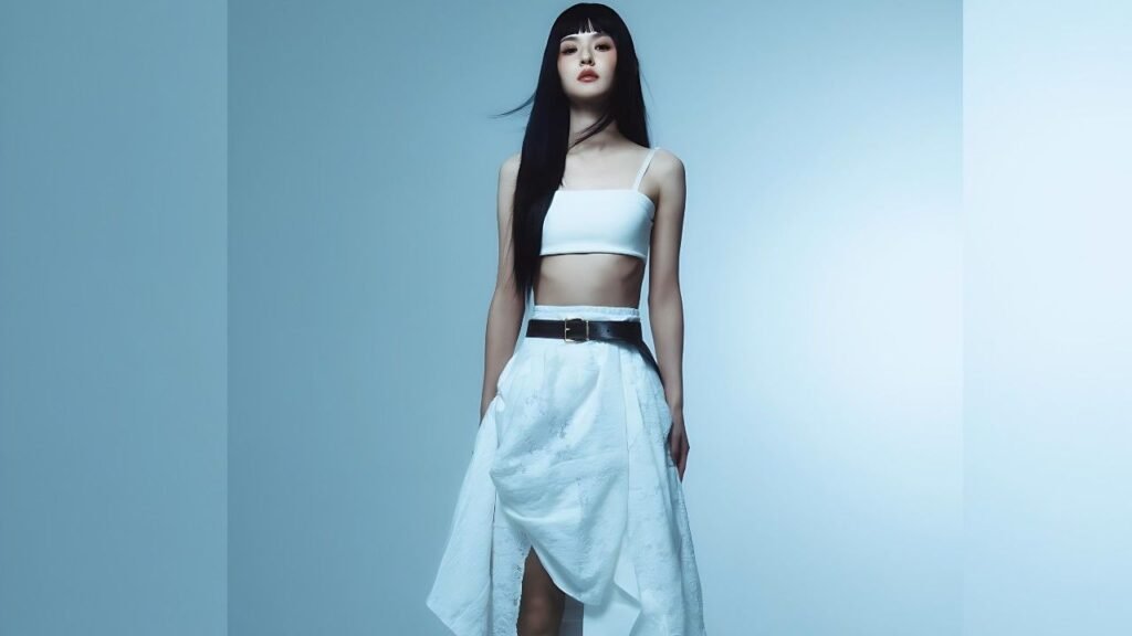Kim Yoon-hye in a white crop top and skirt with a black belt, long black hair, pale makeup against blue backdrop.
