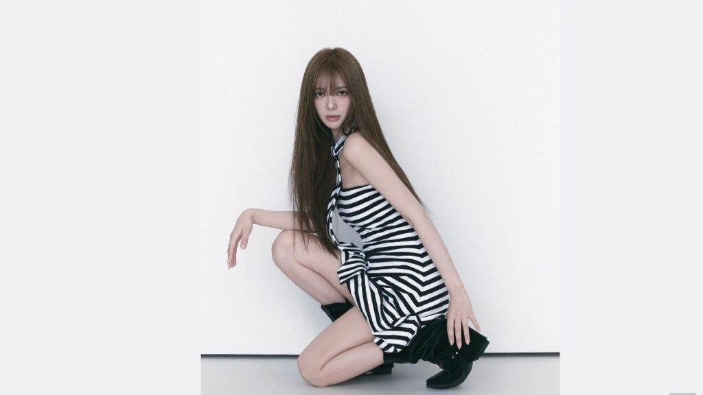 Lee Elijah in a black-and-white striped halter dress crouches on one knee against a backdrop, gazing at camera.