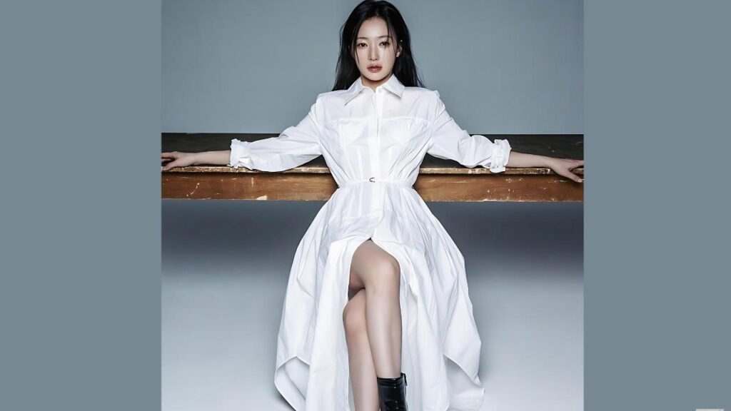 Song Ha-yoon in a white shirt dress sits on a wooden bench, arms along edge, leg through slit, black ankle boots, gray backdrop.
