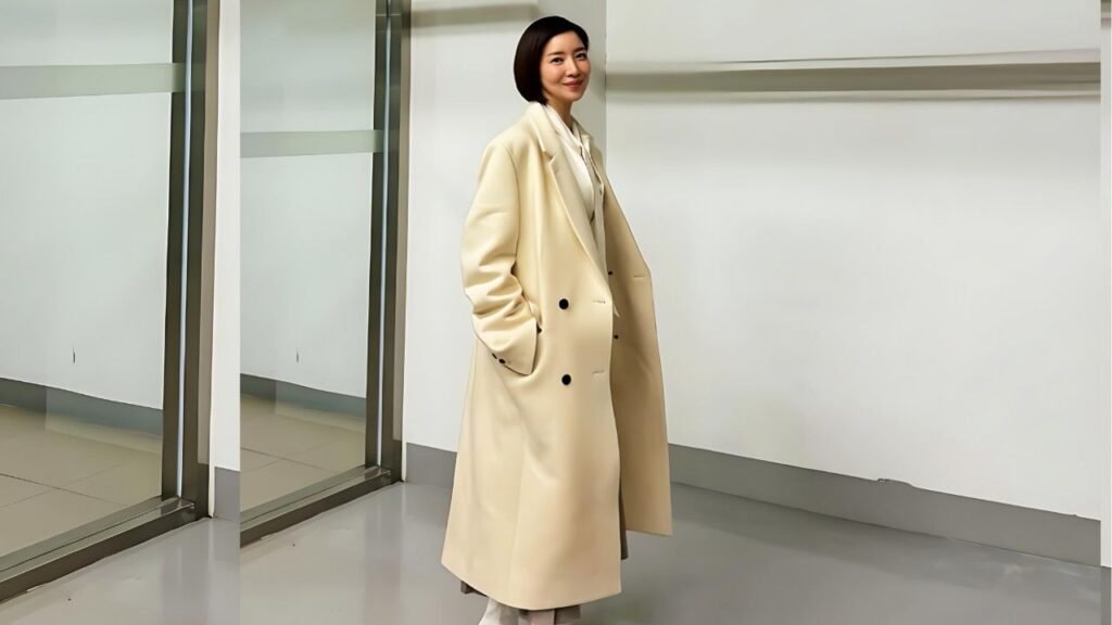 Yoon Se-ah in a long cream coat stands in a minimalist interior with frosted glass walls, hands in pockets, smiling.