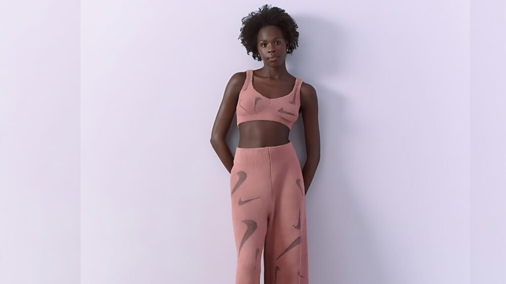 Athing Mu with natural hair stands against a pale lavender backdrop, wearing a pink cropped top and pink pants.