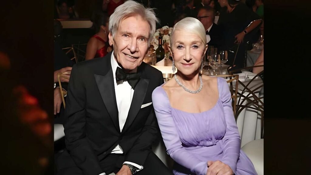 Harrison Ford An older couple enjoying a meal together at a dinner table, smiling and engaged in conversation.