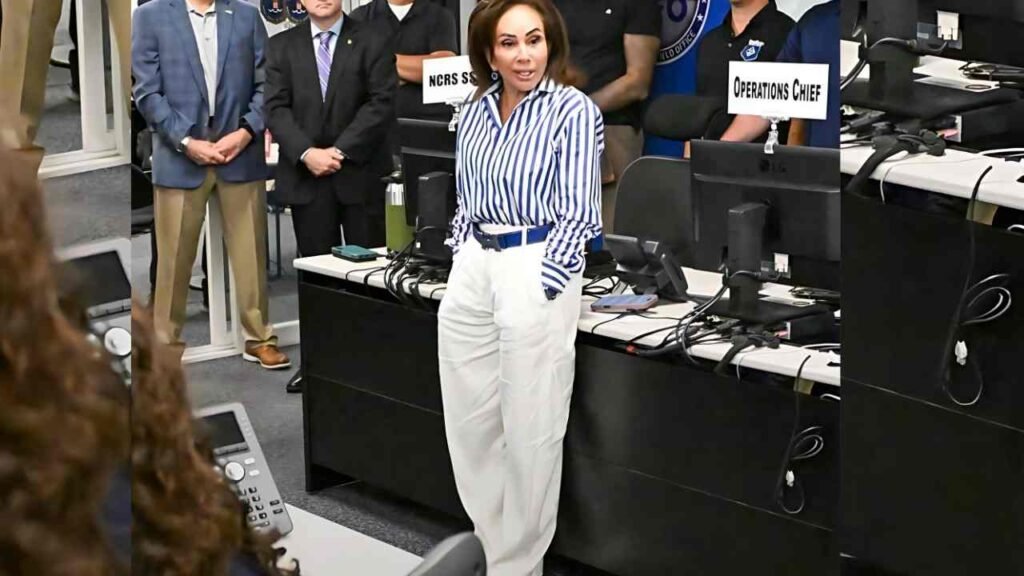 Jeanine Pirro wearing a blue and white striped shirt paired with white pants, standing confidently with a neutral background.