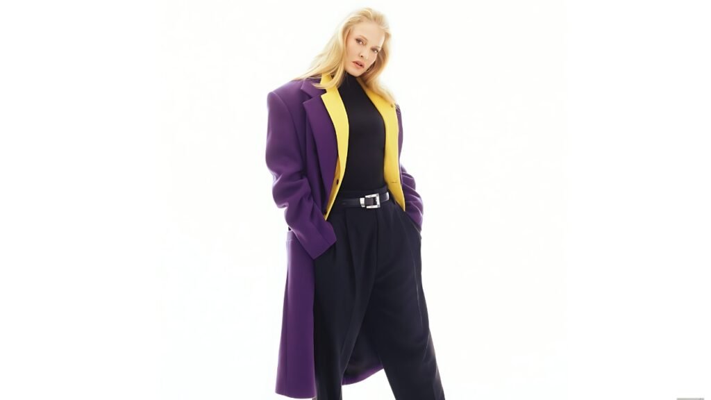 Karen Mulder in a bold purple coat with yellow lapels, black top and wide-leg trousers, hands in pockets against a white studio backdrop.