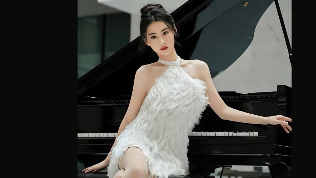 Cecilia Cheung in a white dress sits gracefully on a piano, her hands resting on the keys, creating a serene atmosphere.