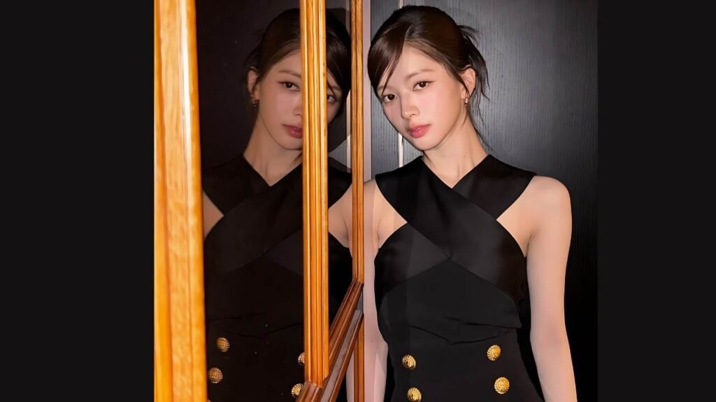 Roh Jeong-eui in a black dress gazes at her reflection in a mirror, contemplating her appearance.